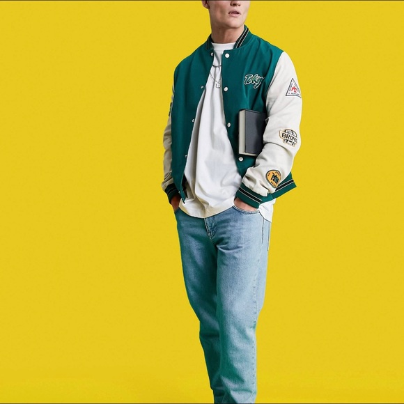 Oversized varsity cotton bomber jacket in green with badging